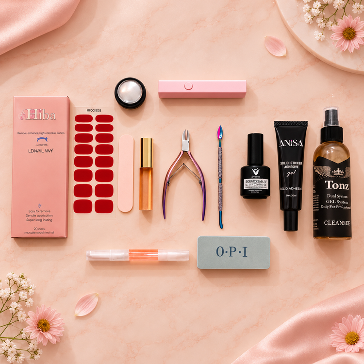 پک ویژه حرفه ای (شامل استیکر انتخابی، دستگاه یووی قلمی شارژی نمایشگر دار ، تاپ کات ، قلم ریموور ، چسب استیکر ، نیپر ، عقبزن ، کلینزر ، پودر کروم ، براش سیلیکونی، پولیش ناخن)